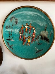 Vintage Israel Judaic Brass Enamel 3-D Dancers Jerusalem Collector's Plate