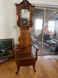 Antique Oak Hall Tree With Mirror