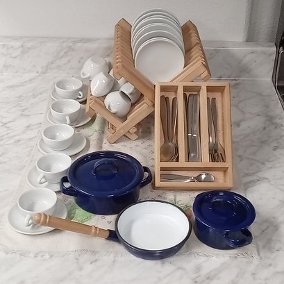 Child's Play Ceramic Dishes, Metal Pans, Wood Dish Rack & Utensil Tray