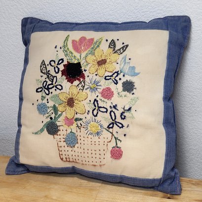 Vintage Embroidered Decorative Pillow - Needlepoint Floral