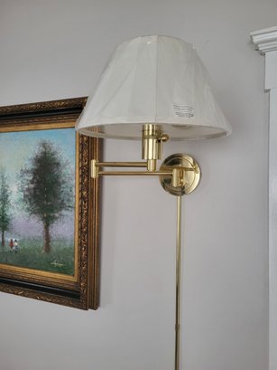 House Of Troy Brass Swing Arm Wall Lamp With Off-White Linen Hardback Shade