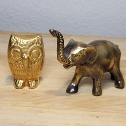 Small Brass Elephant And Owl  3'