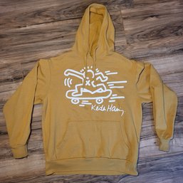 Keith Haring Skateboarding Street Art Hoodie Size Small Gold Yellow