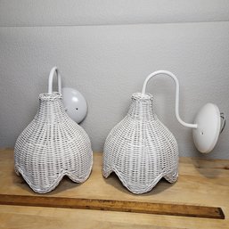 Vintage Wicker Rattan Wall Sconce Lamps - Pair