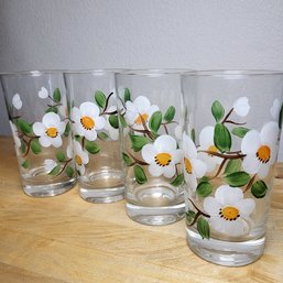 Four (4) Vintage Hand Painted Floral Design Highball Glasses.