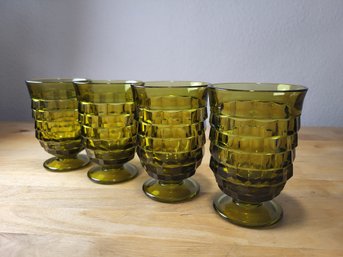 Vintage Set Of 4 Whitehall By Colony Green Glass 10 Oz Footed Cubist Tumblers