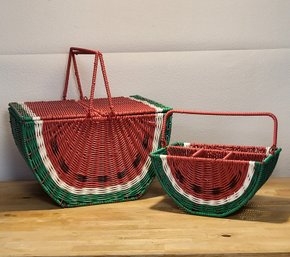 New 2 Piece Watermelon Wicker Large And Small Travel Picnic Basket