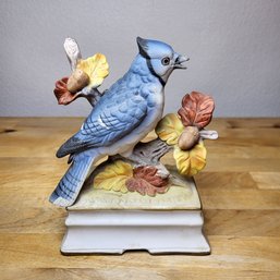 Porcelain Blue Jay Bird Figurine On Pedestal Music Box