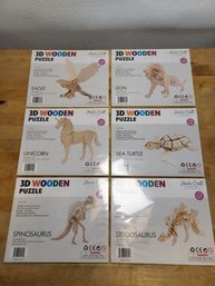 Six 3D Wood Puzzles - Eagle, Lion, Unicorn, Sea Turtle, Dinosaurs,