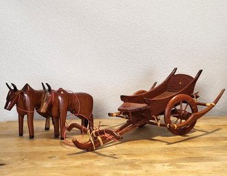 Vintage Oxen Cart Carved Wood Buggy Set - Carriage Piece