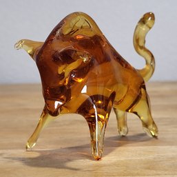 Vintage Amber Glass Bull Figurine - Handmade Art