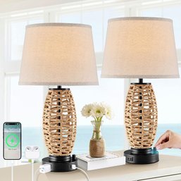 Coastal Rattan Table Lamp Set Of 2 With AC Outlet And 2 USB Ports, 0-100 Dimmable Wicker Lamps For Bedrooms