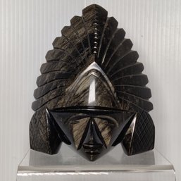 Gold Sheen Obsidian Aztec Mayan Head Sculpture