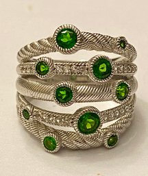 Designer Judith Ripka Sterling Silver Chrome Diopside & White Topaz Ring