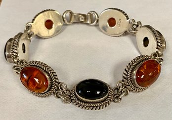 Sterling, Onyx, And Amber Bracelet