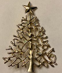 Large Silver Toned Tree Brooch With Rhinestones