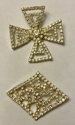 Set Of Two Large Silver Toned Rhinestone Brooches