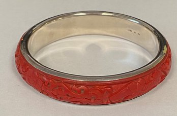 Sterling And Red Carved Ornate Bangle Bracelet