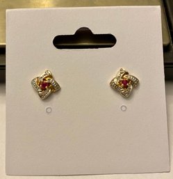 10kt Gold, Ruby, And Diamond Chip Earrings