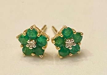 14kt Gold, Emerald, And Diamond Stud Earrings