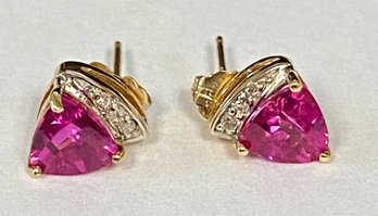 10kt Gold, Pink Tourmaline, And Diamond Stud Earrings