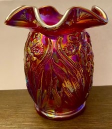 Fenton Red Flowered Carnival Glass Vase