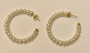 14kt Gold And Pearl Semi Hoop Earrings