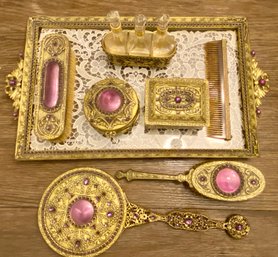 Incredibly Rare Antique Empire Art Gold E & JB Complete Vanity Set With Tray