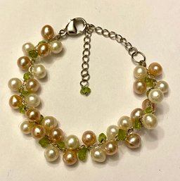 Sterling Pearl And Peridot Nugget Bracelet