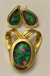 14kt Gold And Mosaic Opal Pendant And Earring Set