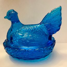 L.E. Smith Turquoise Hen 2 Chicks On Nest Candy/Nut Dish