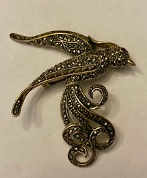 Sterling, Marcasite, And Ruby Bird Of Paradise Brooch