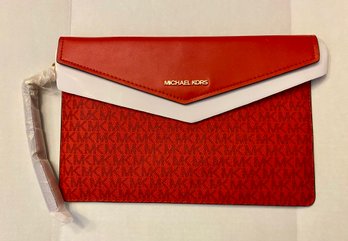 New Michael Kors Wristlet Maisie Large Red Leather Canvas Logo Envelope