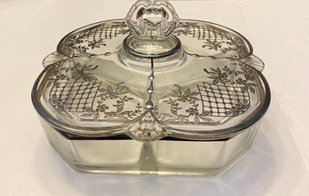 Antique Sterling Silver Overlay Glass Three  Compartment Covered Dish