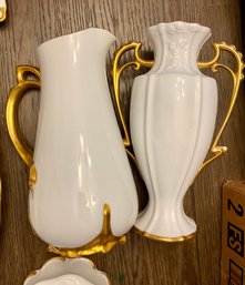 Lot Of 2 Vintage White Pitchers, 22k Gold Trim