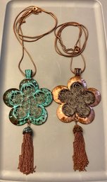 Faux Oxidized Copper Huge Filigree Flower Pendant Necklace With Tassel -Lot Of 2