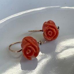 14k Gold Carved Coral Rose Earrings Vintage