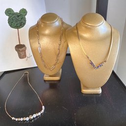 Lot Of Three Vintage Necklaces : Amethyst And CZ, Pearls And Gold Beads, Gold Link Chain Beautiful