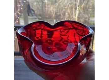 Vintage Ruby Red Glass Ashtray Triple Cigarette Holder Mid Century Modern