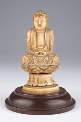 ANTIQUE CHINESE HAND CARVED BONE SEATED BUDDHA SCULPTURE STATUE ON WOOD STAND
