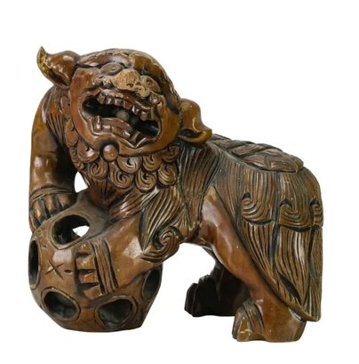 LARGE MID CENTURY HAND CARVED WOOD FOO DOG STATUE SCULPTURE