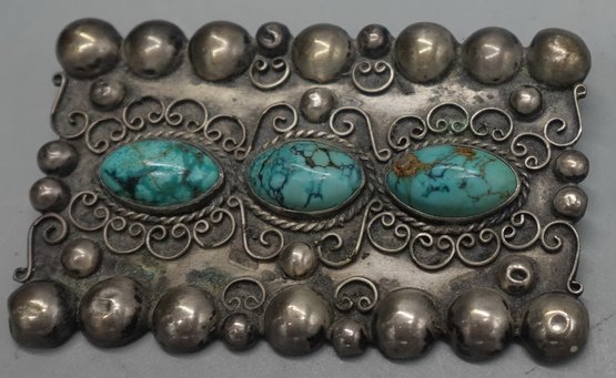ANTIQUE NATIVE AMERICAN SILVER SPIDERWEB TURQUOISE BROOCH PIN