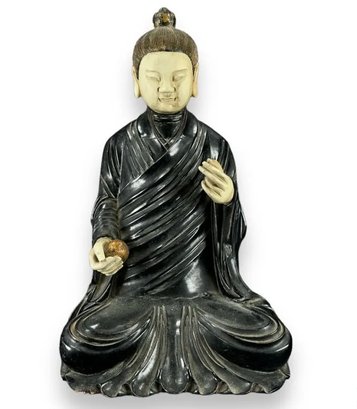 ANTIQUE CHINESE HAND CARVED WOODEN SEATED BUDDHA STATUE SCULPTURE PLUS JADE