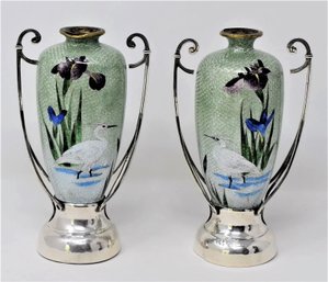 PAIR OF ART NOUVEAU STERLING SILVER MOUNTED JAPANESE ENAMEL VASES