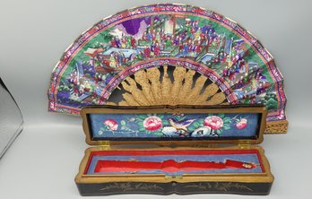 IMPORTANT 19c QING DYNASTY HAND PAINTED SILK FAN IN FITTED BOX