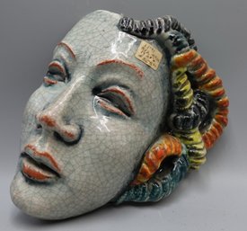 RARE EARLY 20C AUSTRIAN ART DECO EARTHENWARE WALL MASK SCULPTURE SIGNED