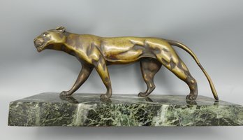 JOESPH D'ASTE 1920s ART DECO BRONZE PANTHER SCULPTURE STATUE SIGNED ON MARBLE BASE