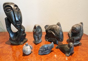 LARGE LOT OF VINTAGE SIGNED INUIT NATIVE AMERICAN SOAPSTONE SCULPTURE STATUE