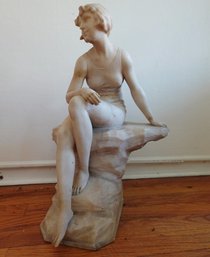 ANTIQUE LARGE MARBLE STATUE SCULPTURE OF A SEATED GIRL SIGNED