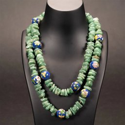 VINTAGE CHINESE ORGANIC JADE AND CLOISONNE BEAD NECKLACE